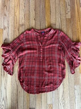 Vince Camuto Plaid Split-Neck Ruffle Sleeve Women's Blouse Size Small
